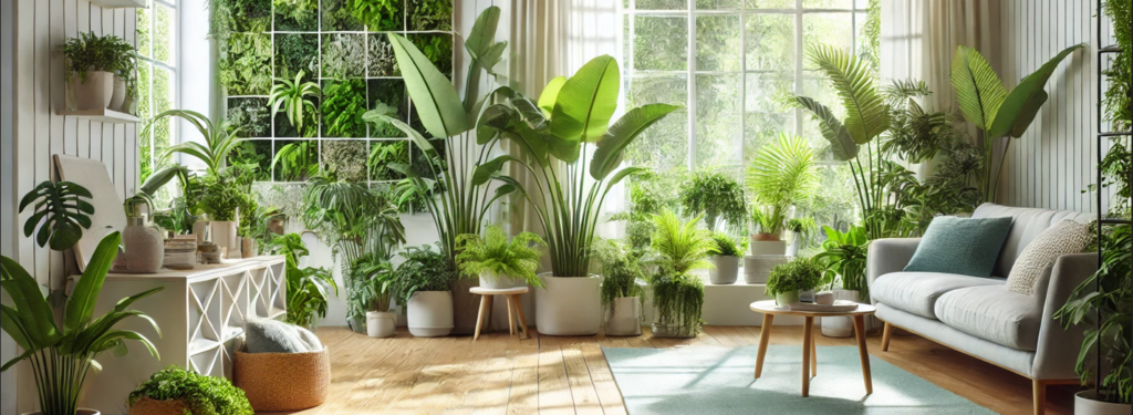 Espaço iluminado com grandes plantas, jardim vertical e decoração natural, trazendo frescor e conexão com a natureza para o ambiente interno