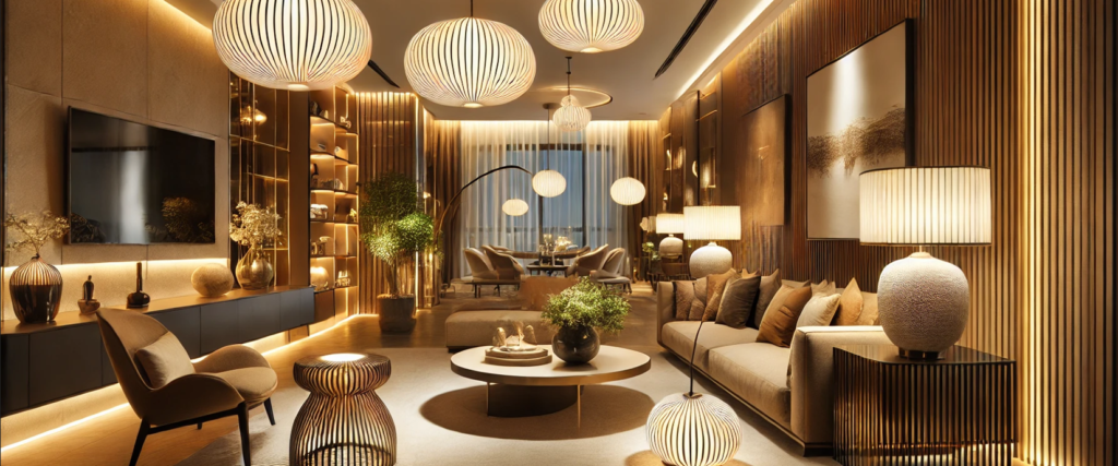 Sala de estar sofisticada com iluminação personalizada, incluindo luminárias esculturais, fitas de LED embutidas e luzes indiretas para um ambiente aconchegante.