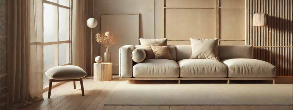 Sala de estar minimalista e aconchegante com paleta neutra, móveis elegantes e iluminação quente para um ambiente sofisticado e confortável