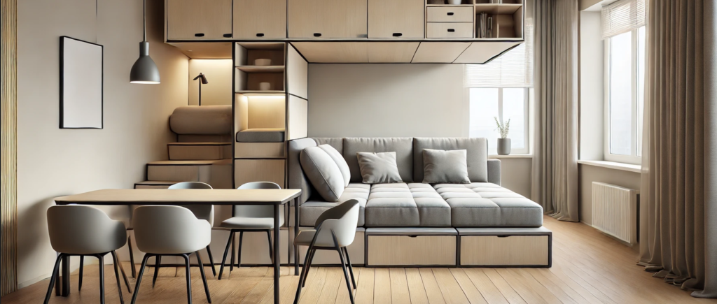 Sala multifuncional com móveis adaptáveis, sofá-cama, mesa ajustável e estantes flexíveis, otimizando o espaço para diversas necessidades.