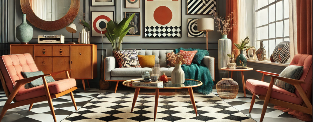 Sala de estar com decoração retrô-moderna, combinando móveis vintage, tapetes geométricos e cores vibrantes para um visual nostálgico e contemporâneo.