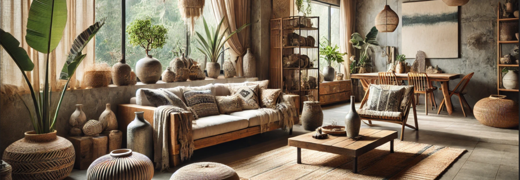 Ambiente moderno com móveis de madeira reaproveitada, tecidos ecológicos e decoração artesanal, destacando a sustentabilidade na decoração.