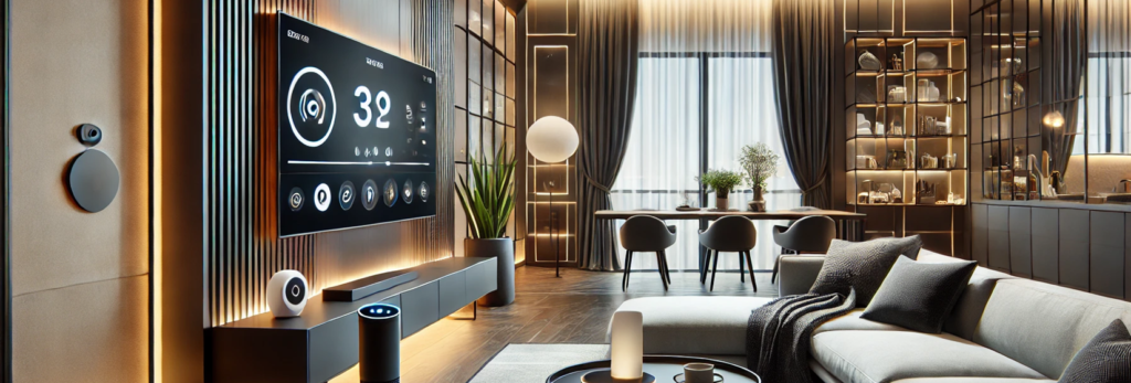 Sala de estar com tecnologia inteligente, incluindo iluminação automatizada, assistente de voz e cortinas motorizadas, unindo modernidade e conforto.