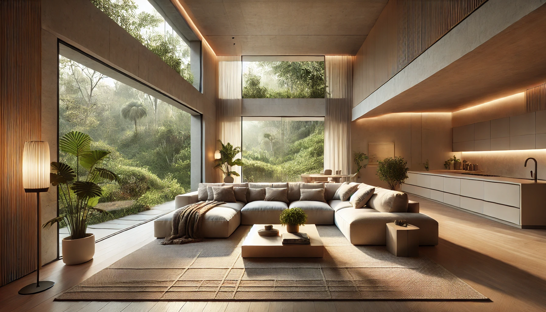 A modern, wide-angle living room with large windows overlooking a lush garden. The room has a neutral color palette with beige and earthy tones. A comfortable sectional sofa is adorned with cozy cushions. A wooden coffee table sits in the center, decorated with books and a small potted plant. Soft ambient lighting enhances the warm and inviting atmosphere. The floor is covered with a textured rug, and the walls have minimalist decor. The space is spacious and airy, designed for relaxation and comfort.