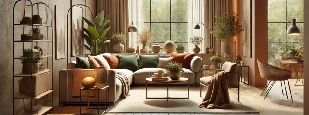 Sala de estar aconchegante e decorada com cores terrosas e tons naturais